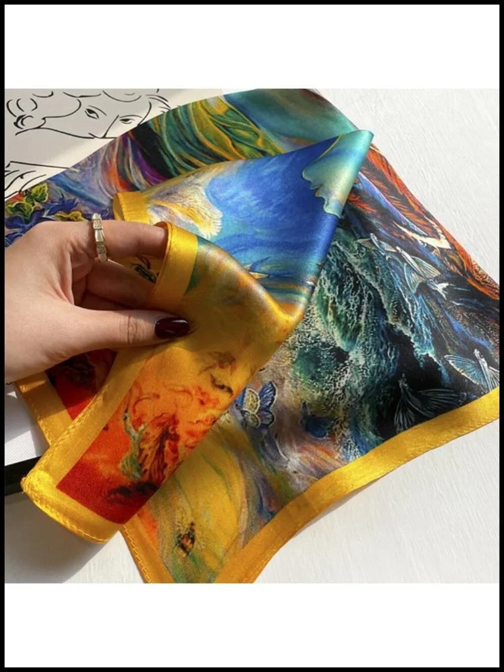 100% Mulberry Silk Neck Scarf 21x21 Lightweight Neckerchief Digital Print